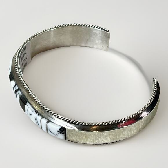 Navajo Handmade Sterling Silver White Buffalo Inlay Cuff Bracelet by F Yazzie - Picture 7 of 16
